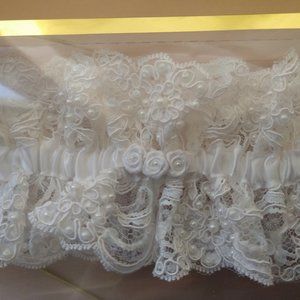 Bridal Garter Satin with White Beaded Lace  and 3 dainty Satin Flowers
